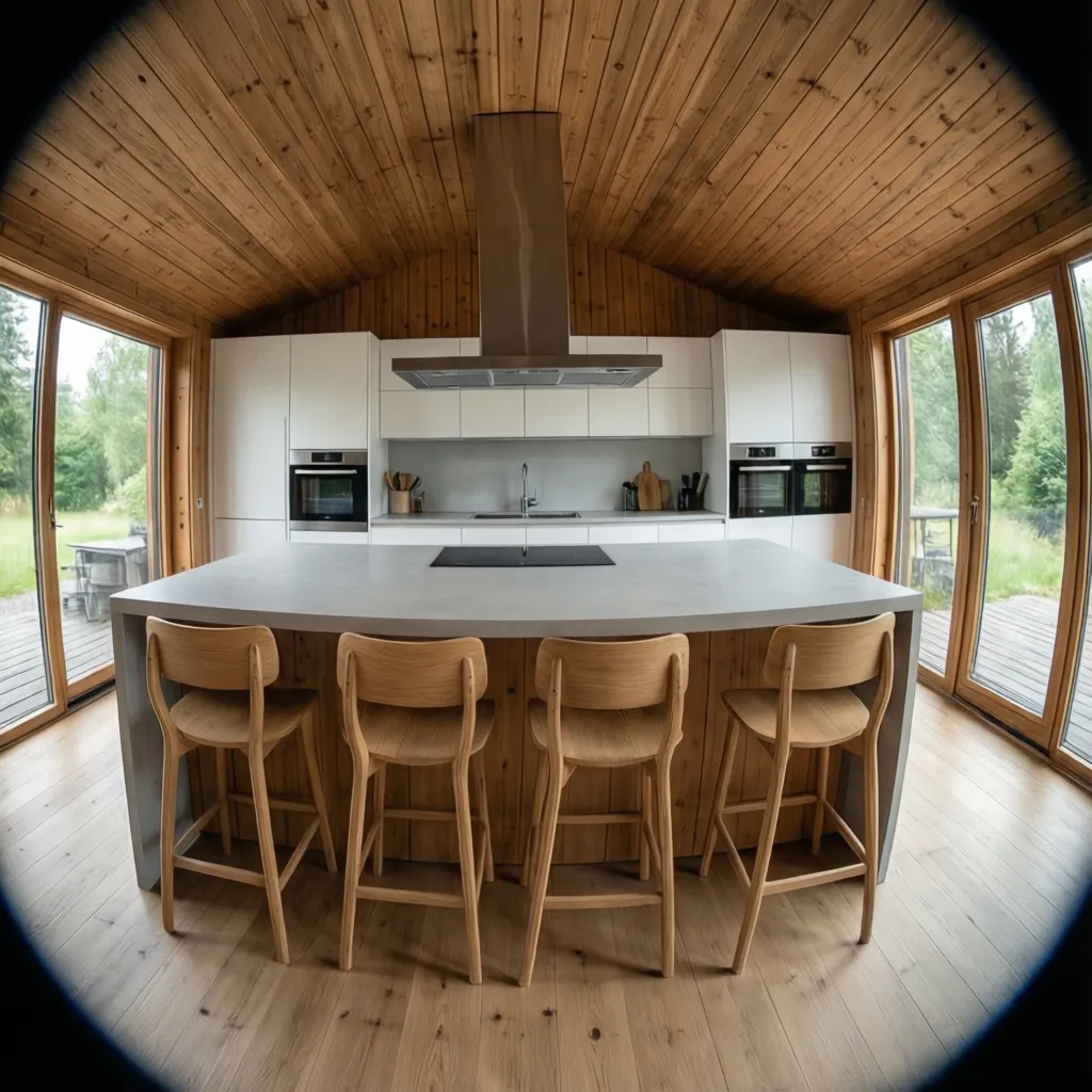 Cocina moderna en casa de madera con isla central