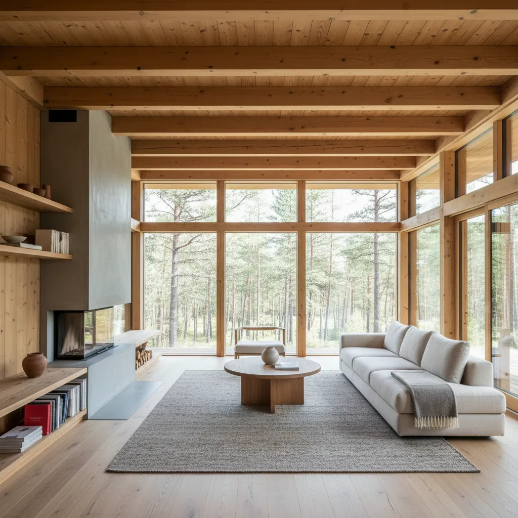 Interior de salón moderno en casa de madera con espacio abierto