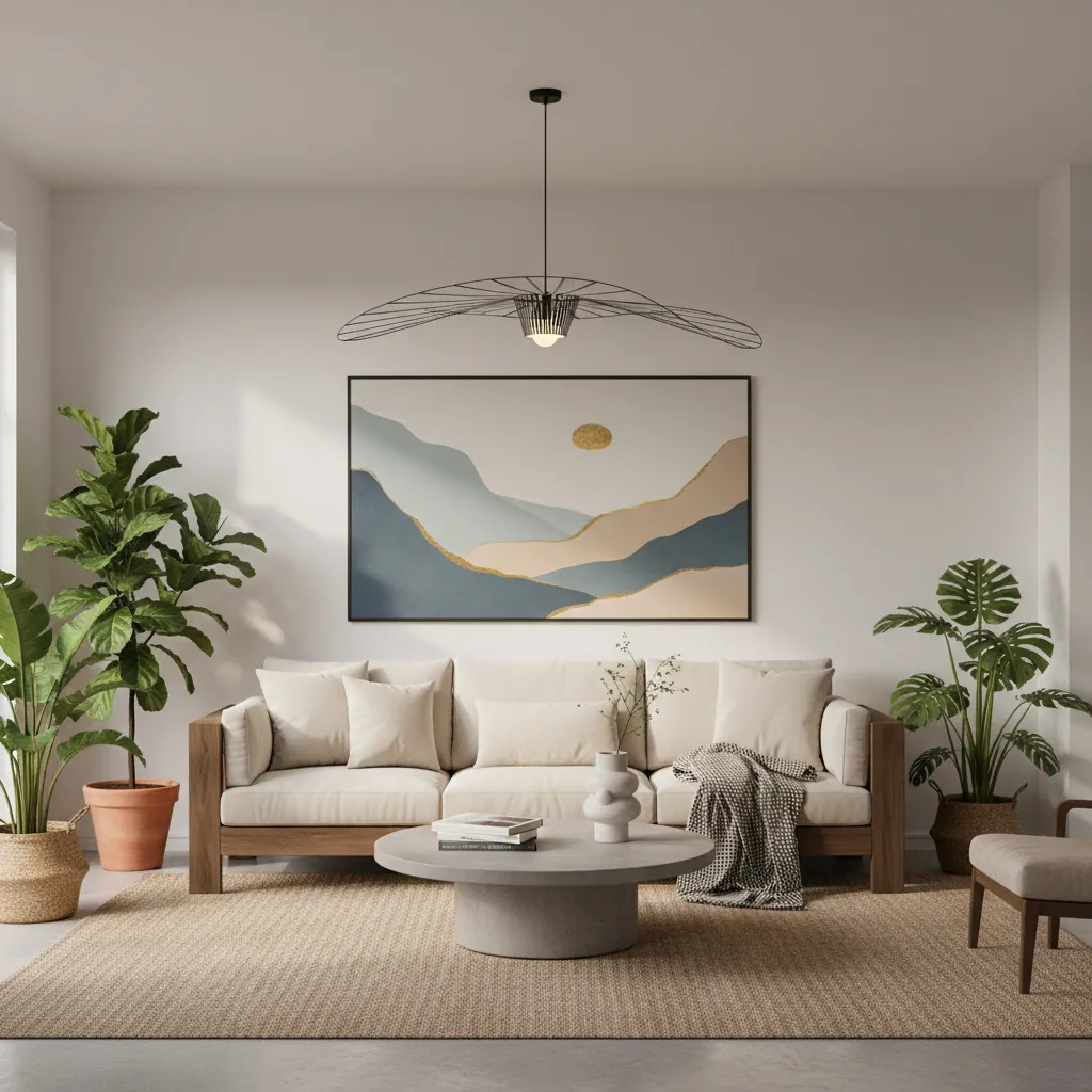 Phòng khách hiện đại với bàn ghế gỗ kết hợp decor tối giản