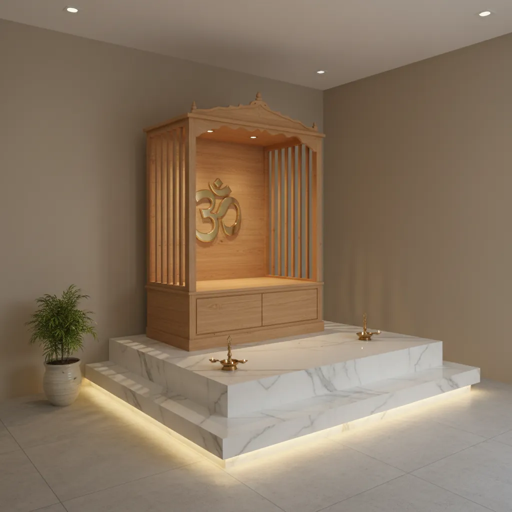 modern pooja room combining marble base with wooden frame mandir