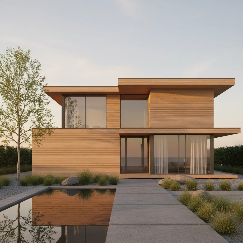 Two story modern wood house exterior with large glass windows stone walkway and small reflecting pool