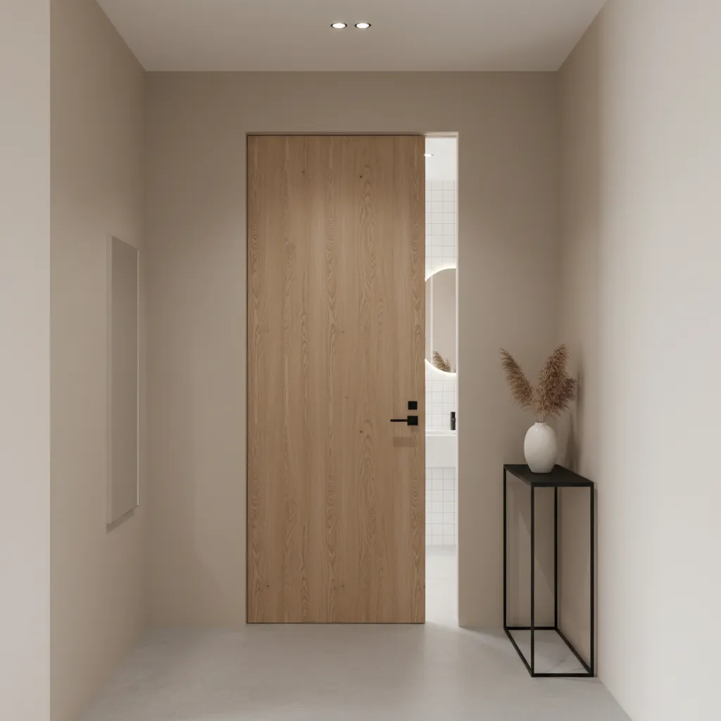 minimalist bathroom with modern wooden door and neutral interior design