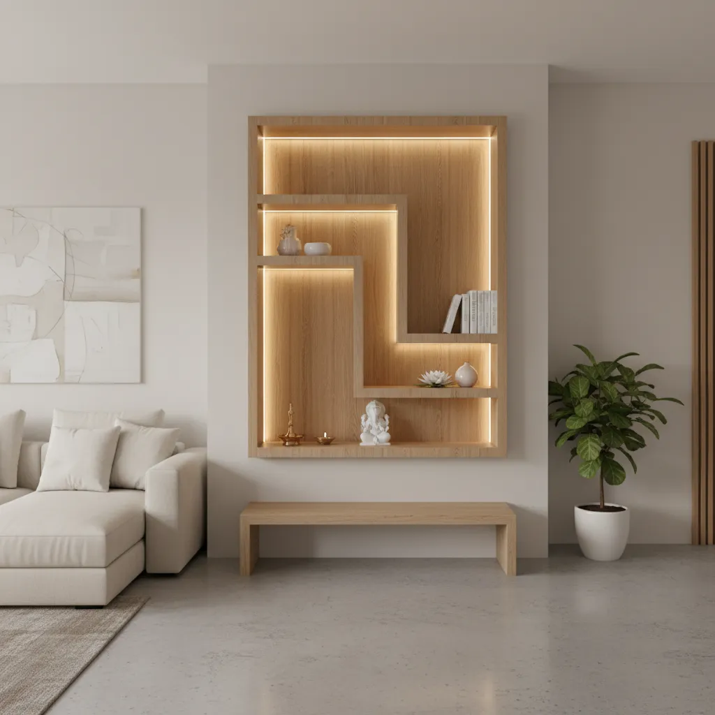 Modern minimalist wooden pooja mandir integrated in contemporary living space