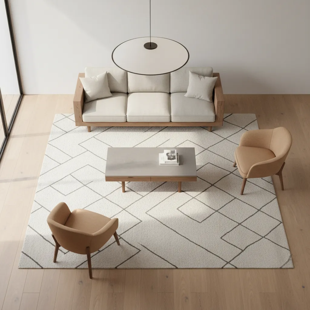 Interior design drawing showing room layout with sofa, two chairs, coffee table, and ceiling light
