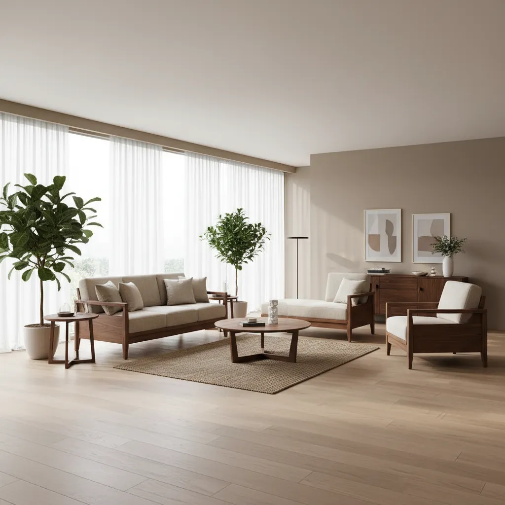 Large modern living room with wood sofa chairs coffee table cabinet and green potted trees