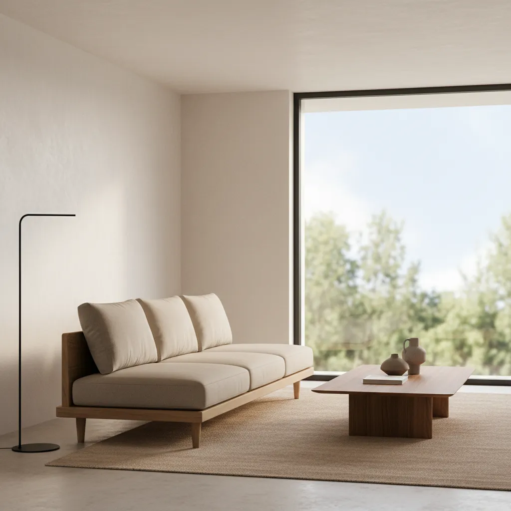 Minimalist living room with beige sofa, wooden coffee table, floor lamp, rug, and large window