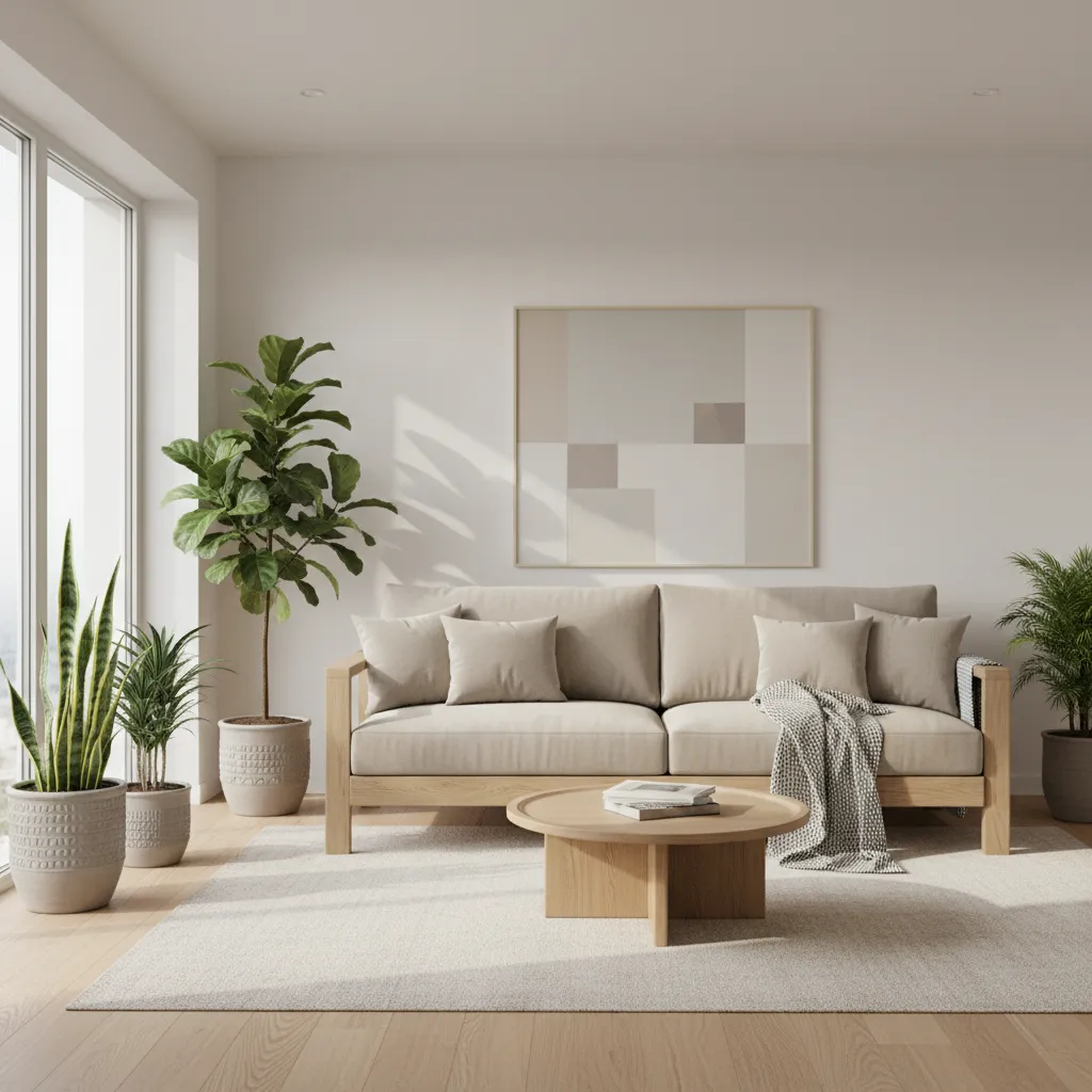 Frontal view of light wood sofa with beige cushions coffee table and green potted plants