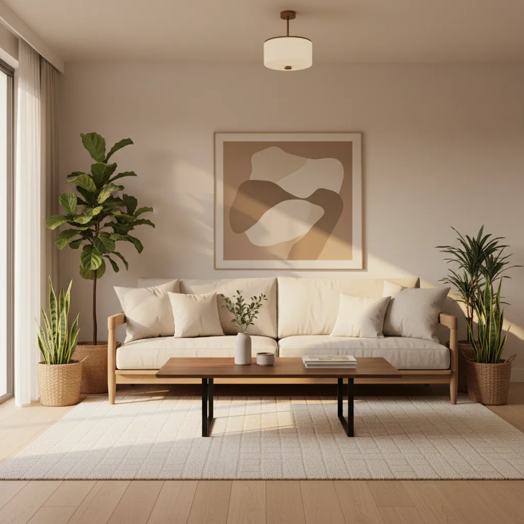 Minimalist living room with beige sofa wooden coffee table wall art and small ceiling light