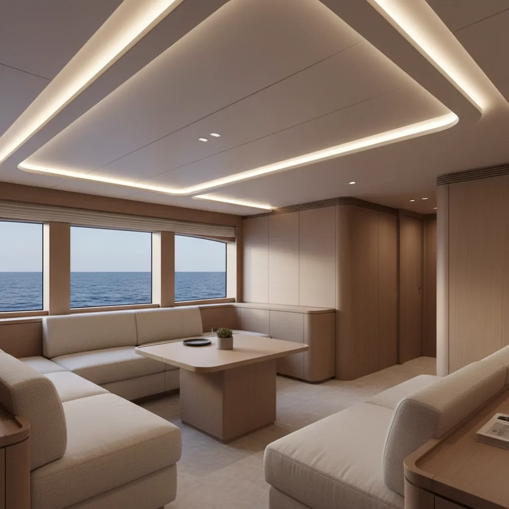 Luxury yacht cabin with indirect LED lighting and minimalist furniture