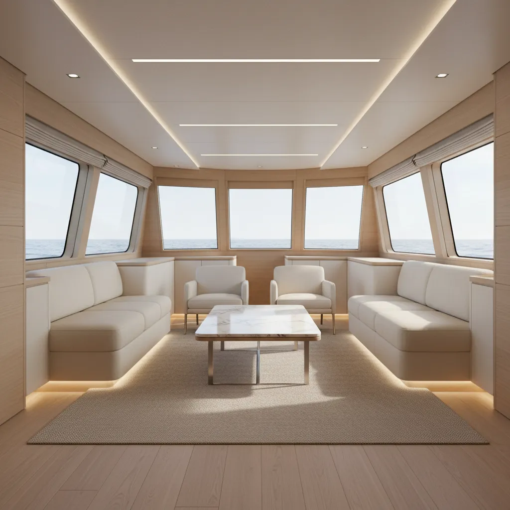 modern yacht interior with lightweight composite furniture and clean layout