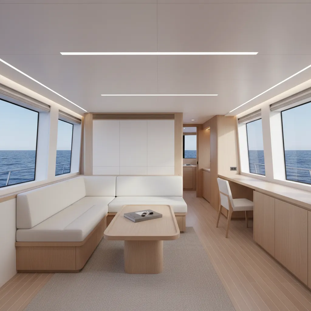 modern yacht interior with open salon layout and minimal furniture