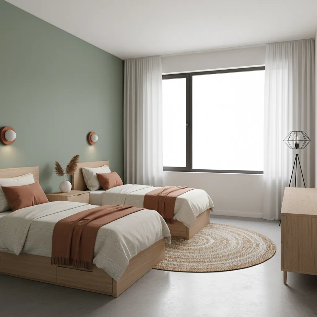 Modern youth twin bedroom with muted green and neutral tones