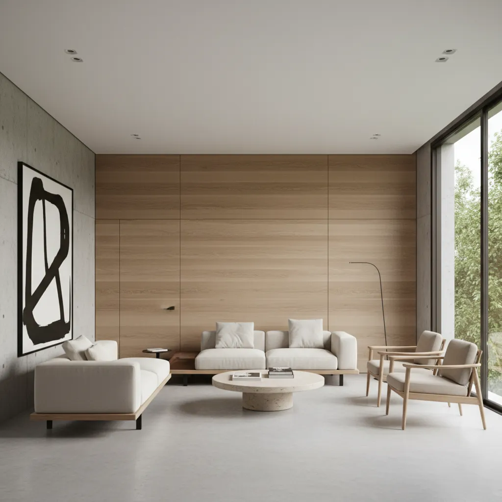 Interior minimalista con materiales naturales en estilo modernista
