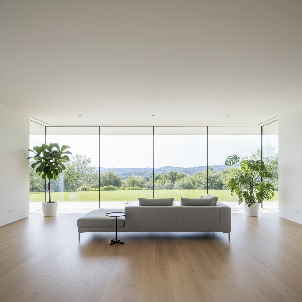Salón abierto con diseño modernista y grandes ventanales