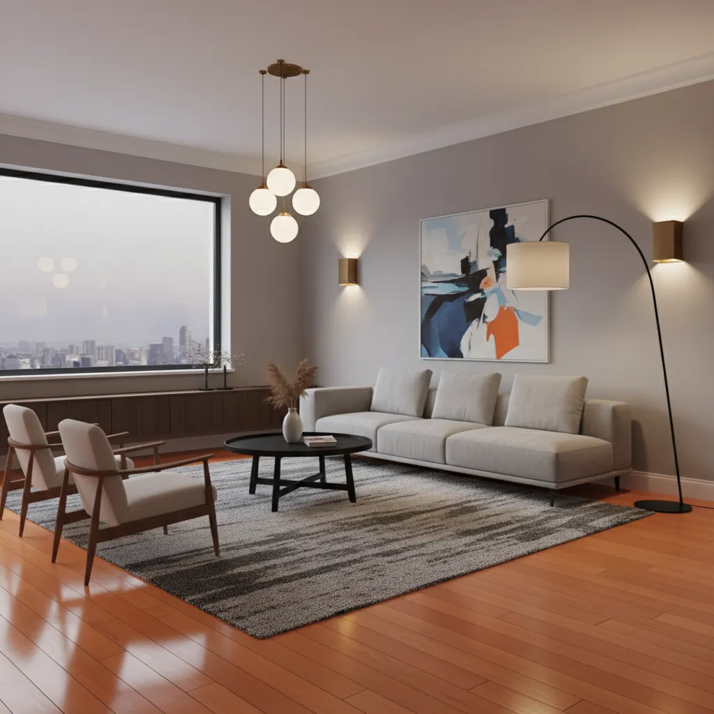 Modern styled living room showing updated decor with orange wood floors