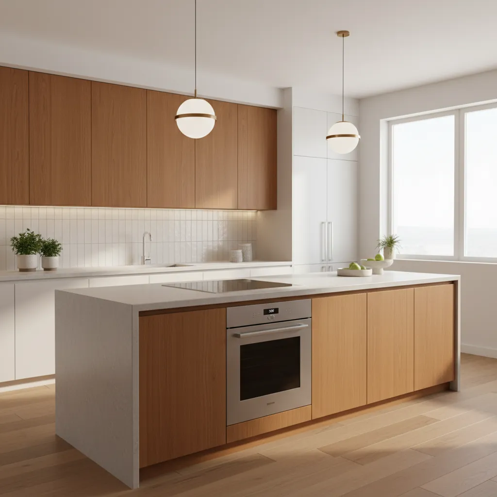 renovated mid century kitchen with modern appliances and updated electrical layout