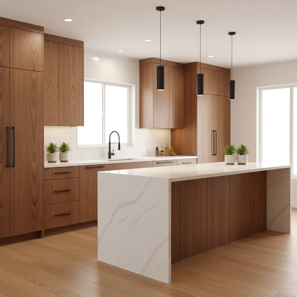 modern materials used in mid century kitchen renovation including quartz countertop and walnut cabinets