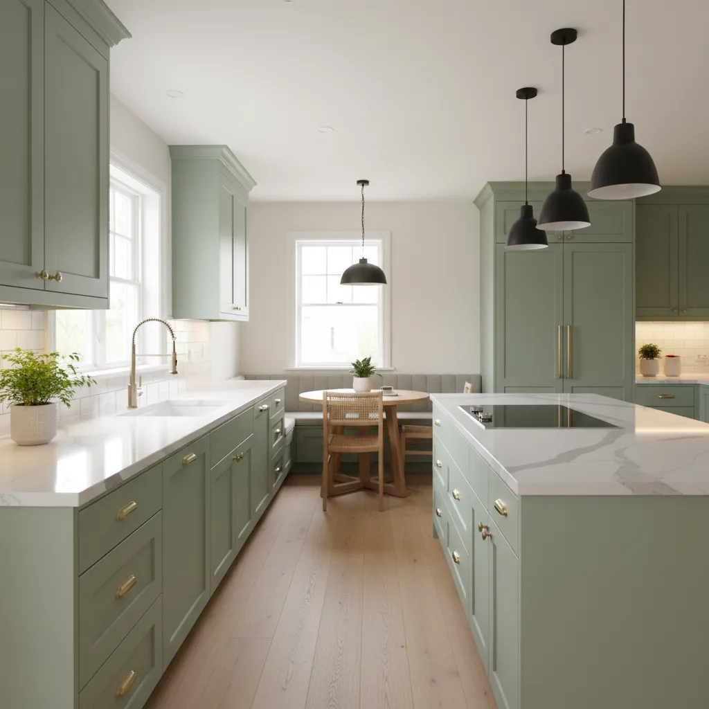freshly painted kitchen cabinets with modern hardware and lighting