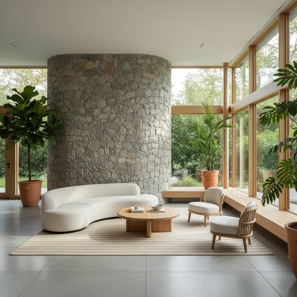 Salón moderno orgánico con madera, piedra y grandes ventanas