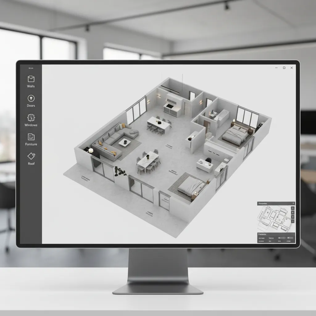 Diseño de casa en software 3D mostrando distribución de habitaciones