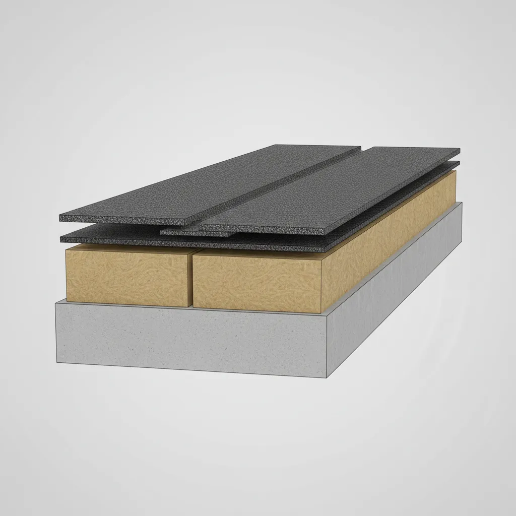 Layered structure of a modified bitumen roofing system on a flat roof