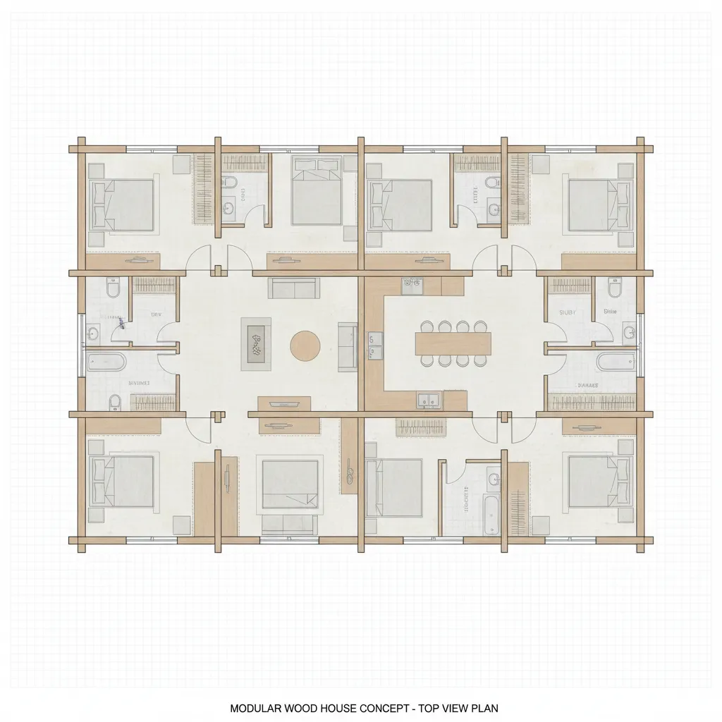 Ilustrasi ukuran modul ruang rumah kayu