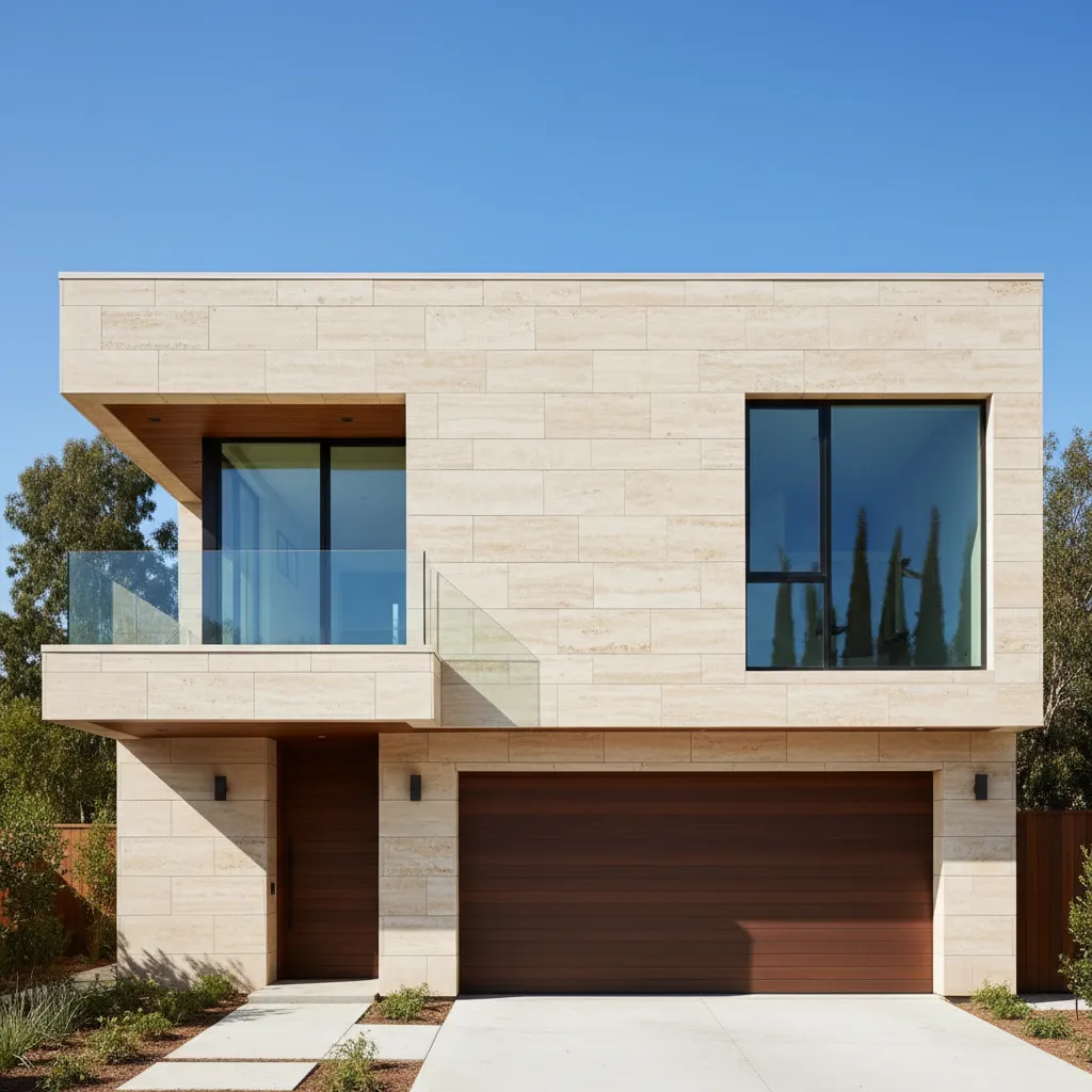 Fachada con modulación horizontal de placas de travertino