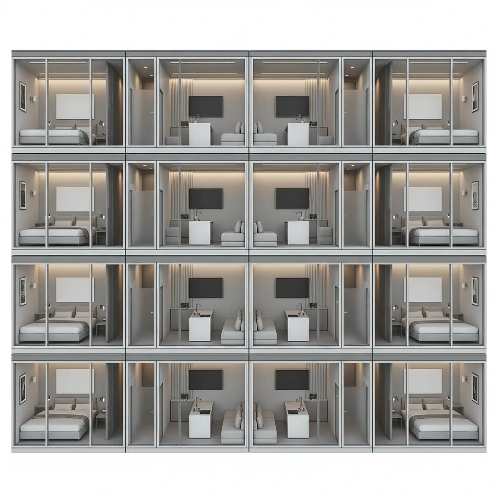 Cutaway visualization of modular apartment building with repeated units