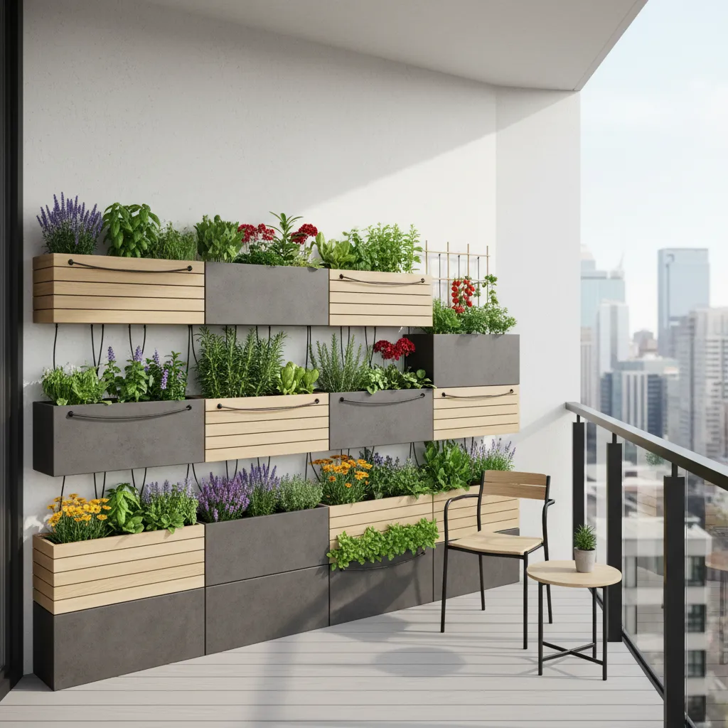 Modular planter boxes arranged on an apartment balcony garden