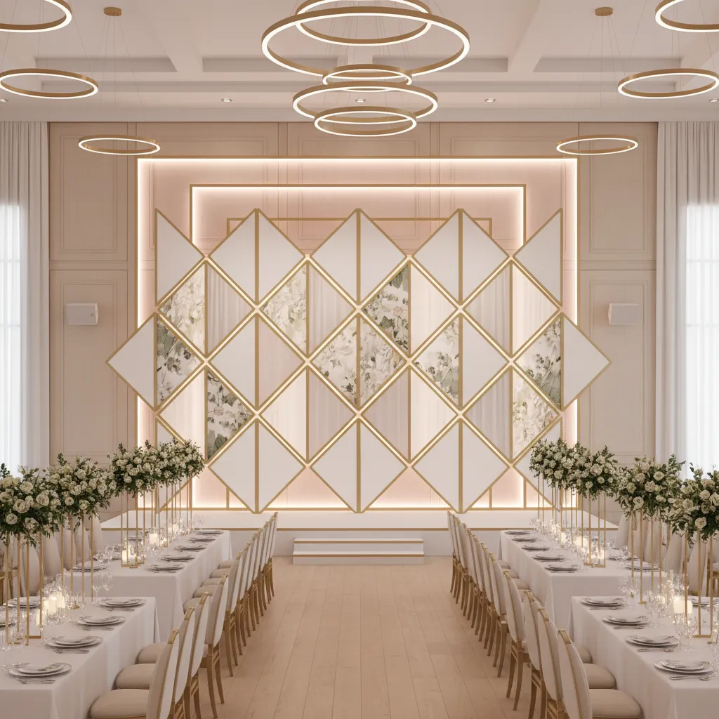 Banquet hall stage with interchangeable decorative panels and modular backdrop design