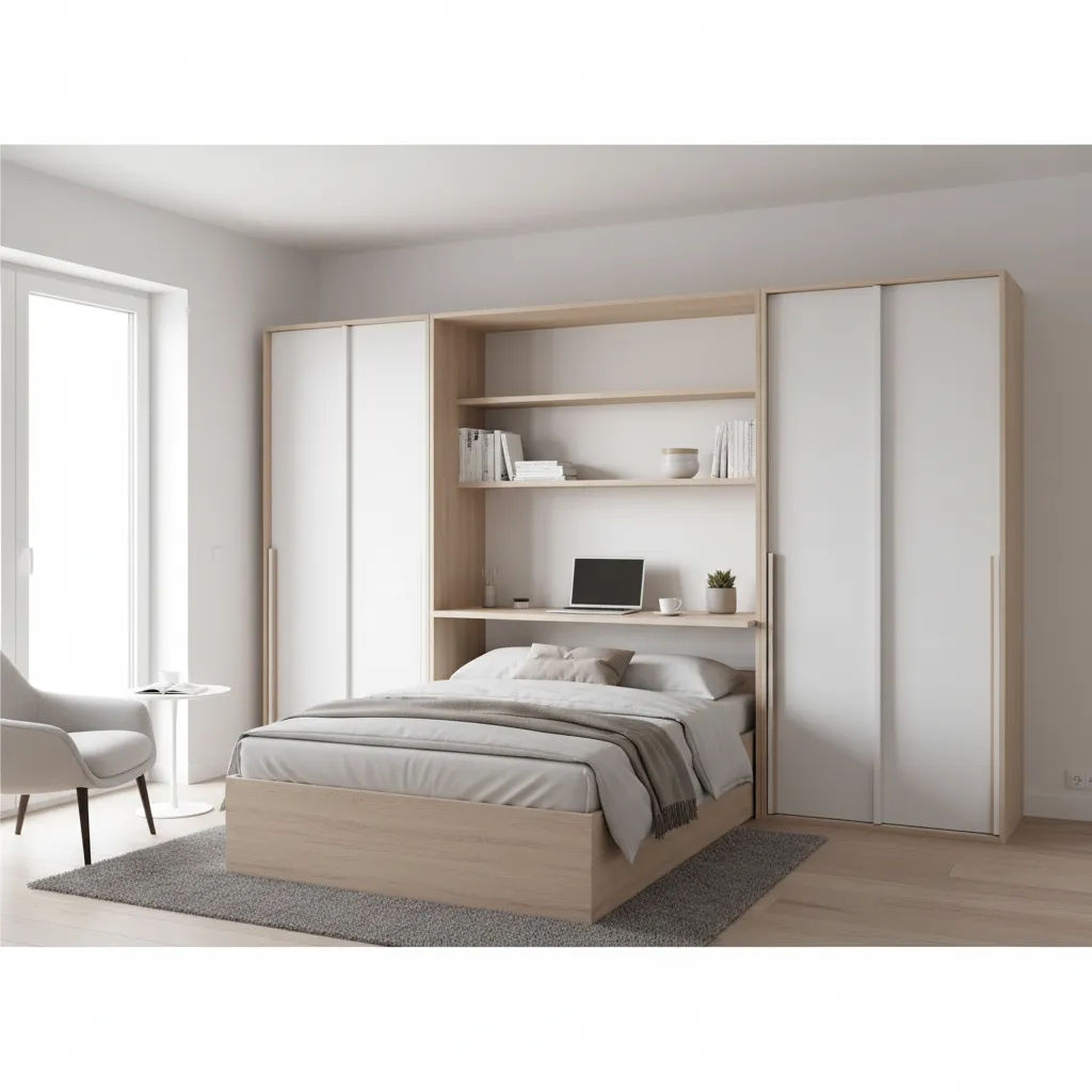 Minimalist bedroom design with light wood bed attached desk white wardrobes and grey floor rug