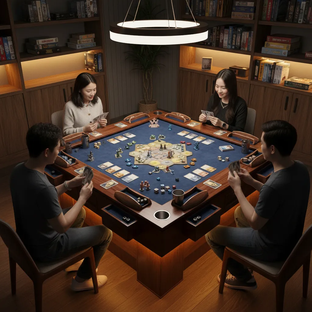 Board game table with modular accessories including card holders and dice trays