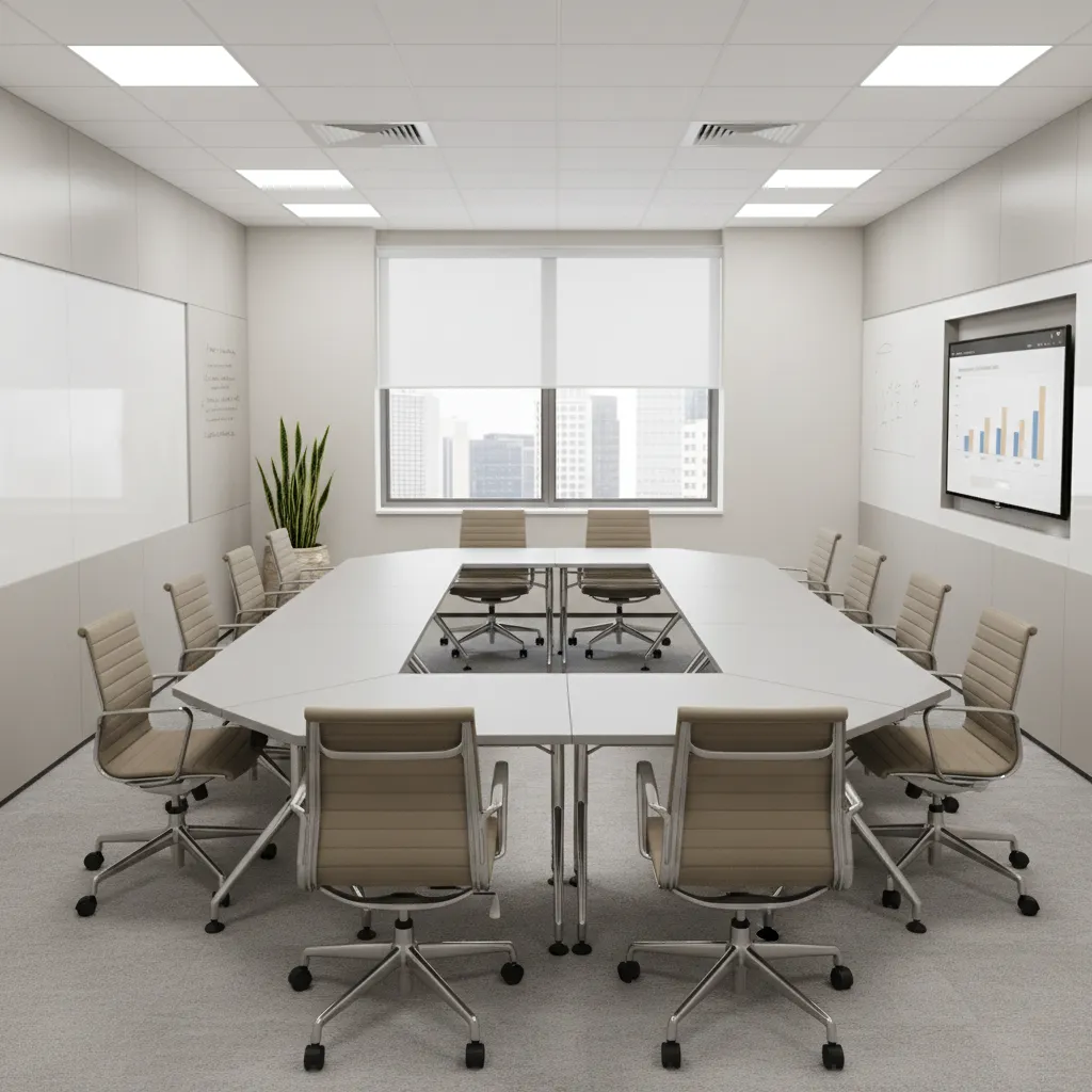 Flexible modular conference tables arranged in a compact meeting room