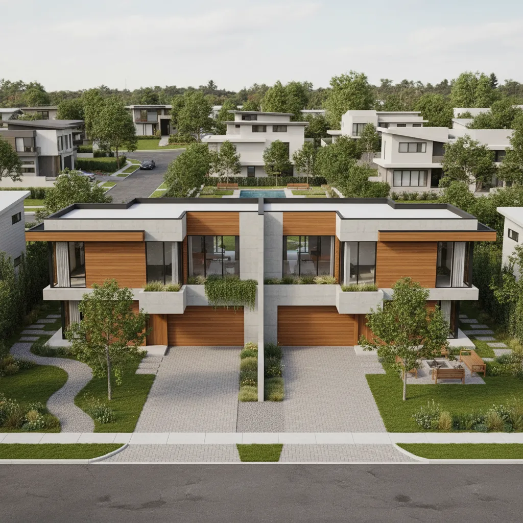 realistic 3D render of modular duplex residential development