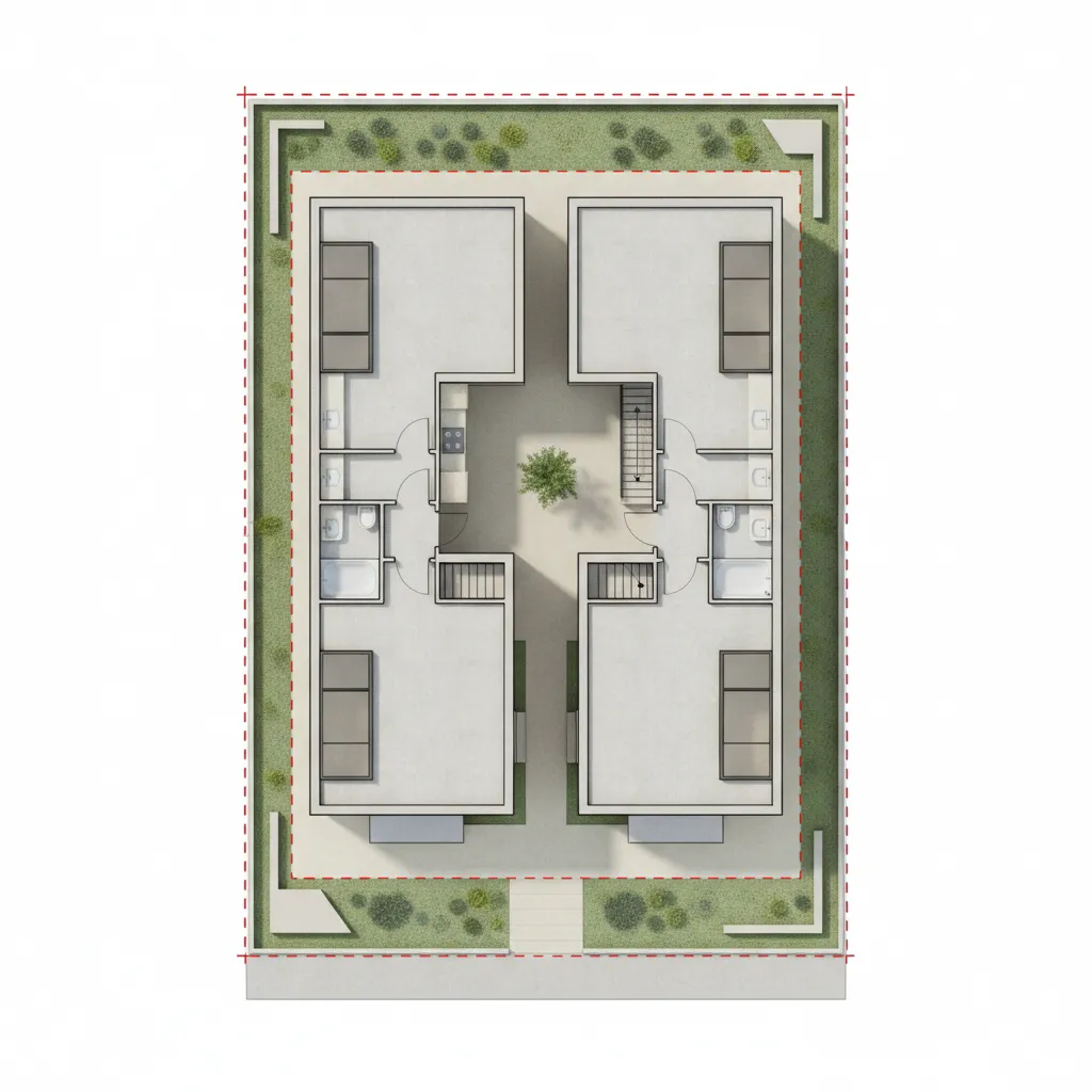 architectural diagram showing modular duplex layout fitting tightly within a residential lot