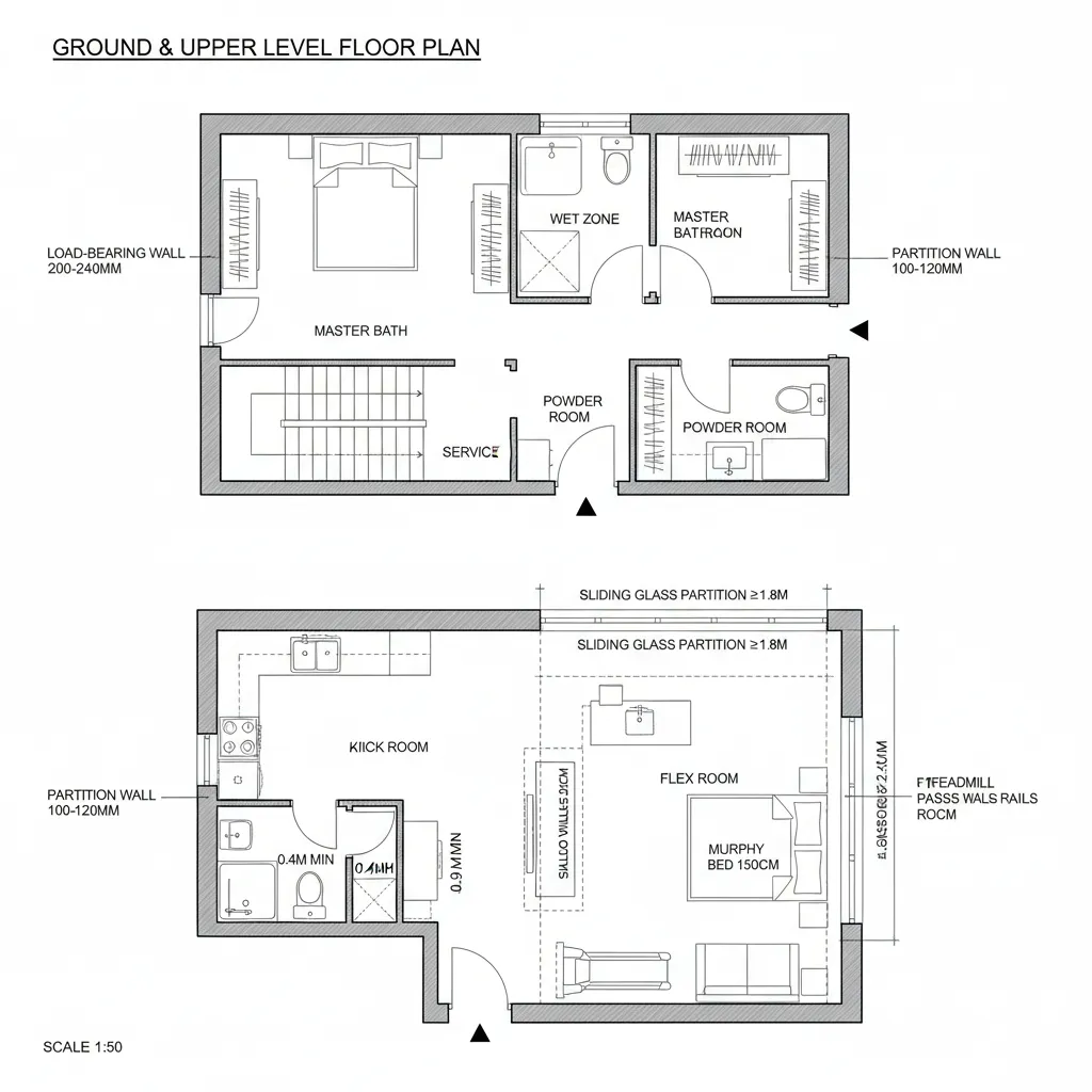 Top-down CAD plan of a sliding-partition flex room and stacked bathrooms