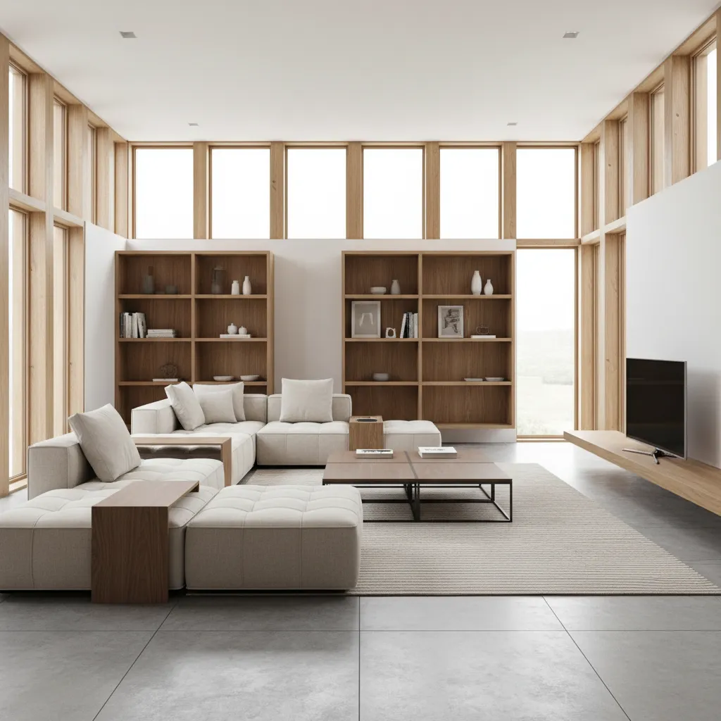 Sala moderna donde los muebles siguen una estructura modular alineada