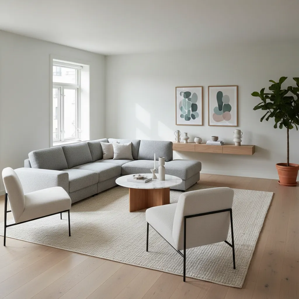 Sala con sofá modular configurable en un apartamento moderno