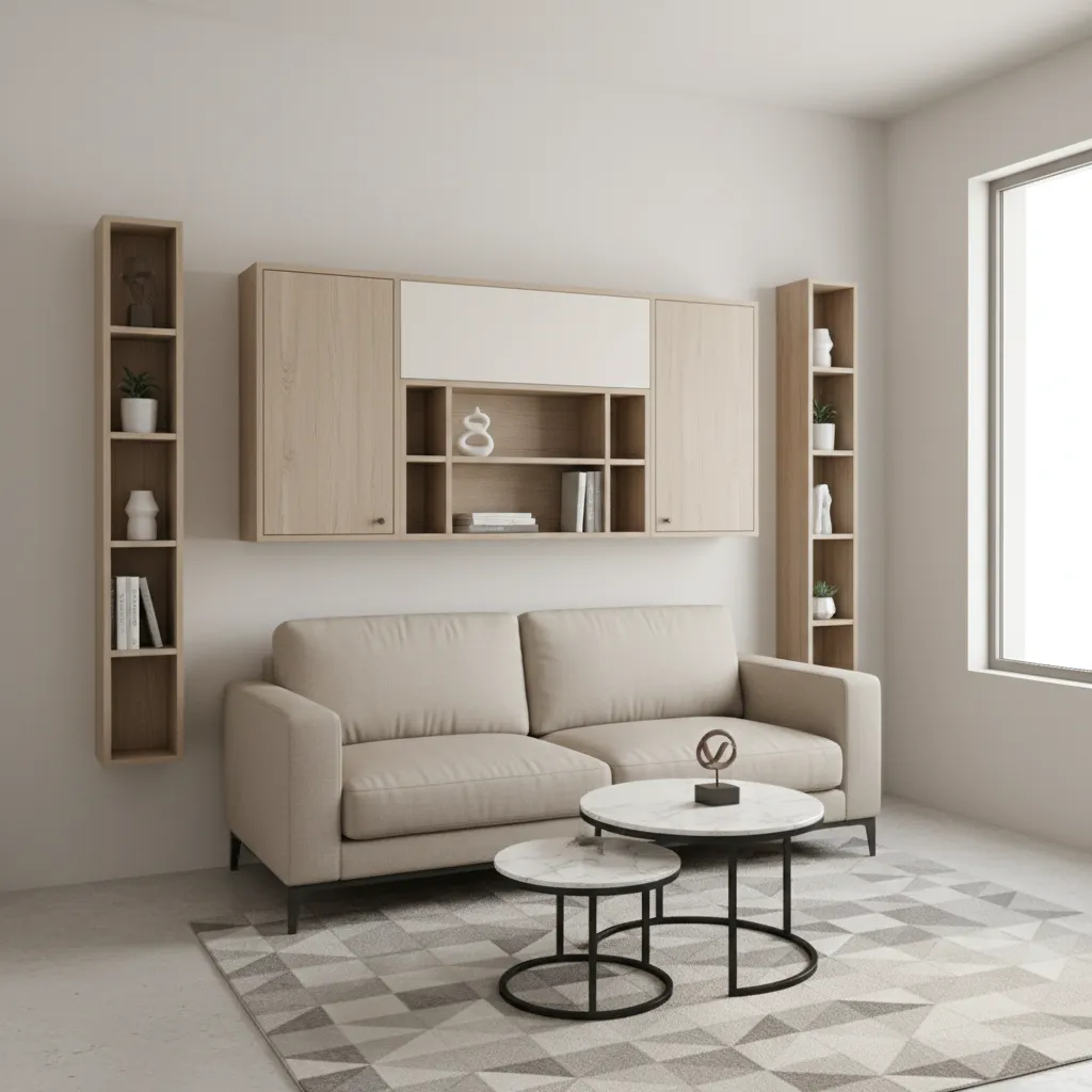 Small drawing room with modular sofa and nested coffee tables