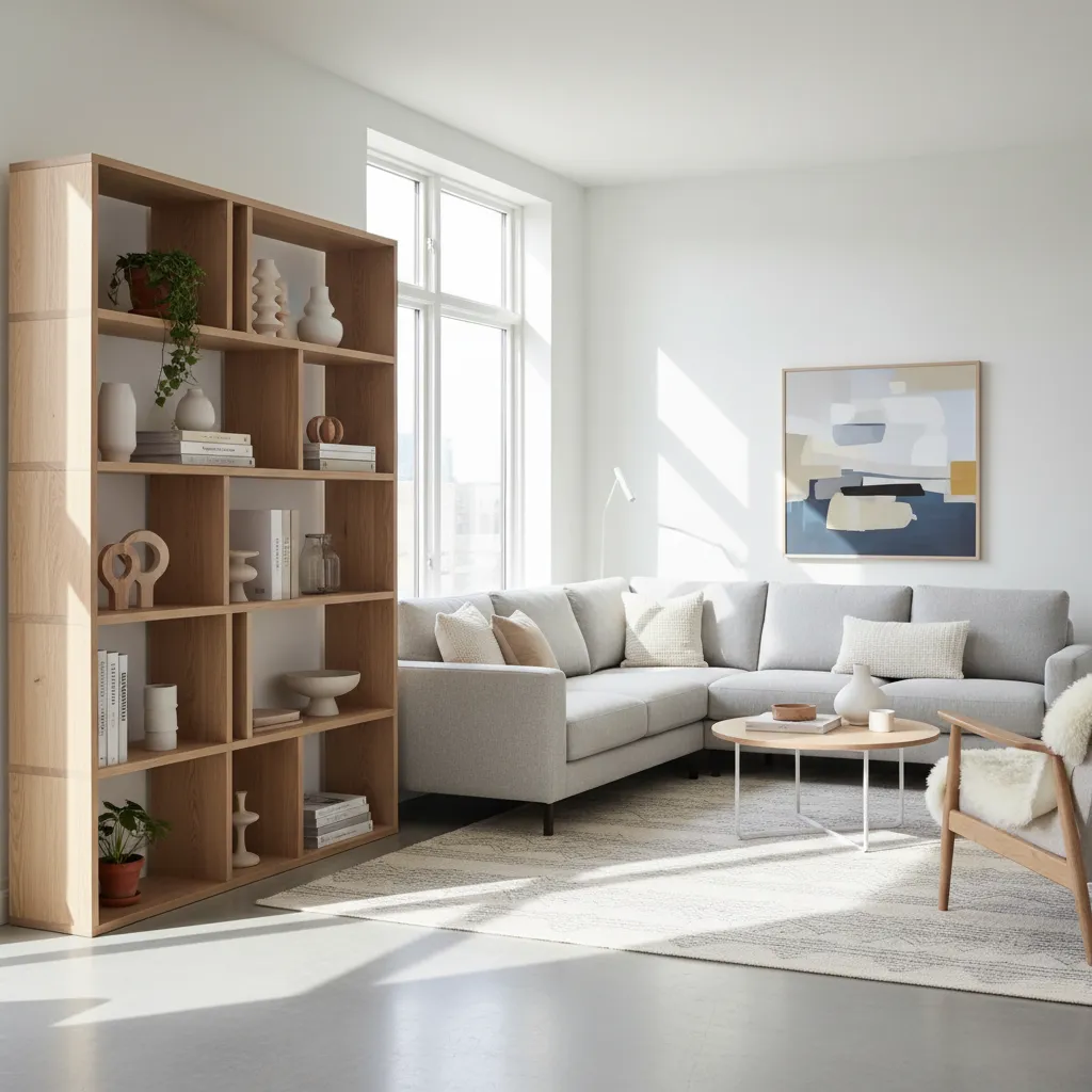 Modern living room with tall wooden bookcase beside grey sofa and small round coffee table
