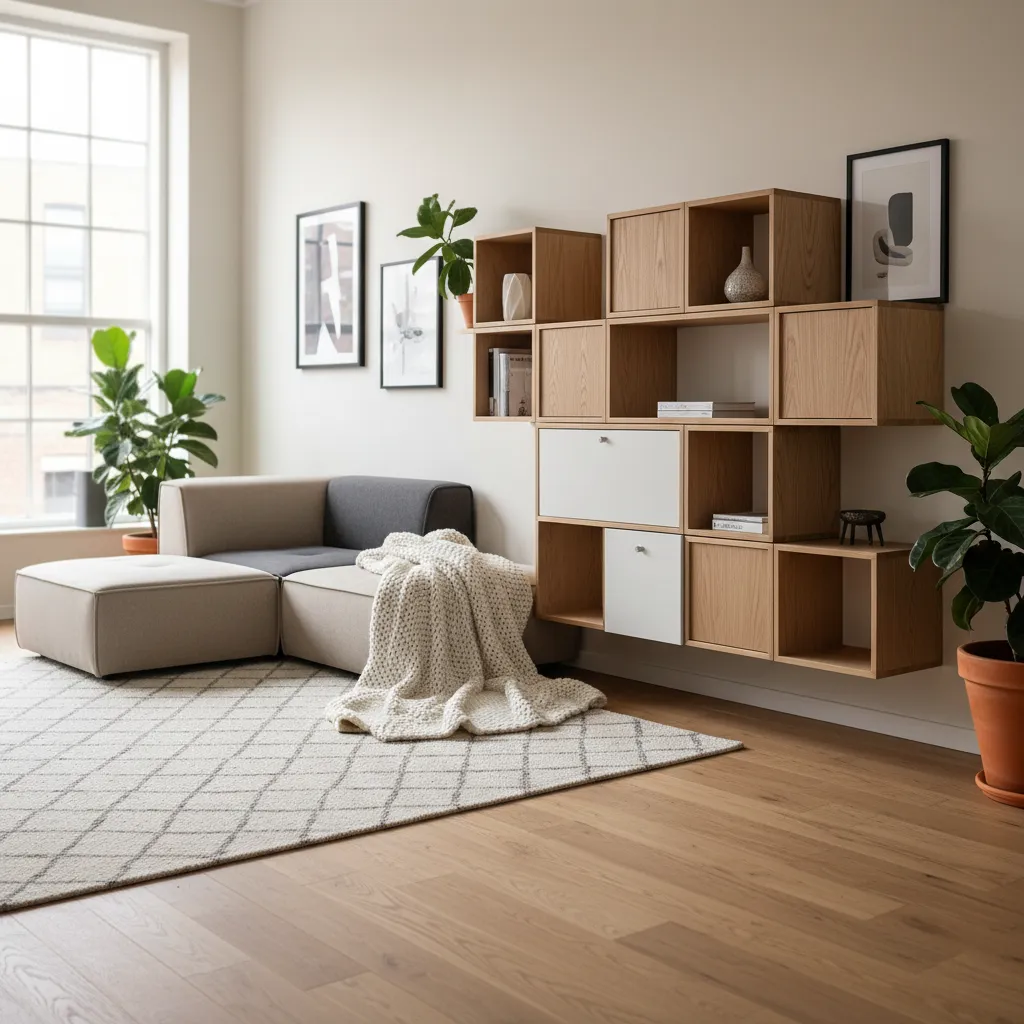 Modern living room featuring modular wooden wall cubes, beige sofa, patterned rug, and indoor plants