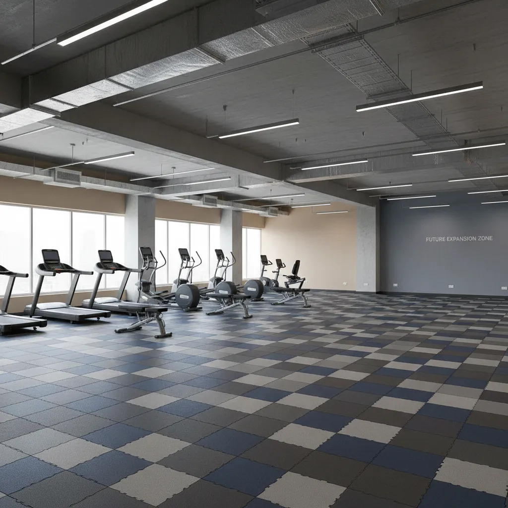Modular gym flooring layout allowing future equipment expansion