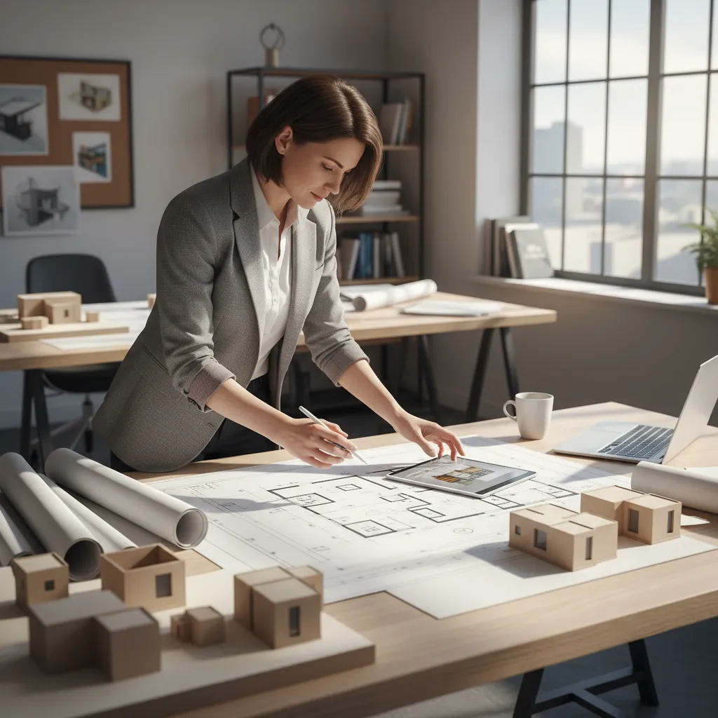 Plano arquitectónico de una casa modular sobre mesa de diseño