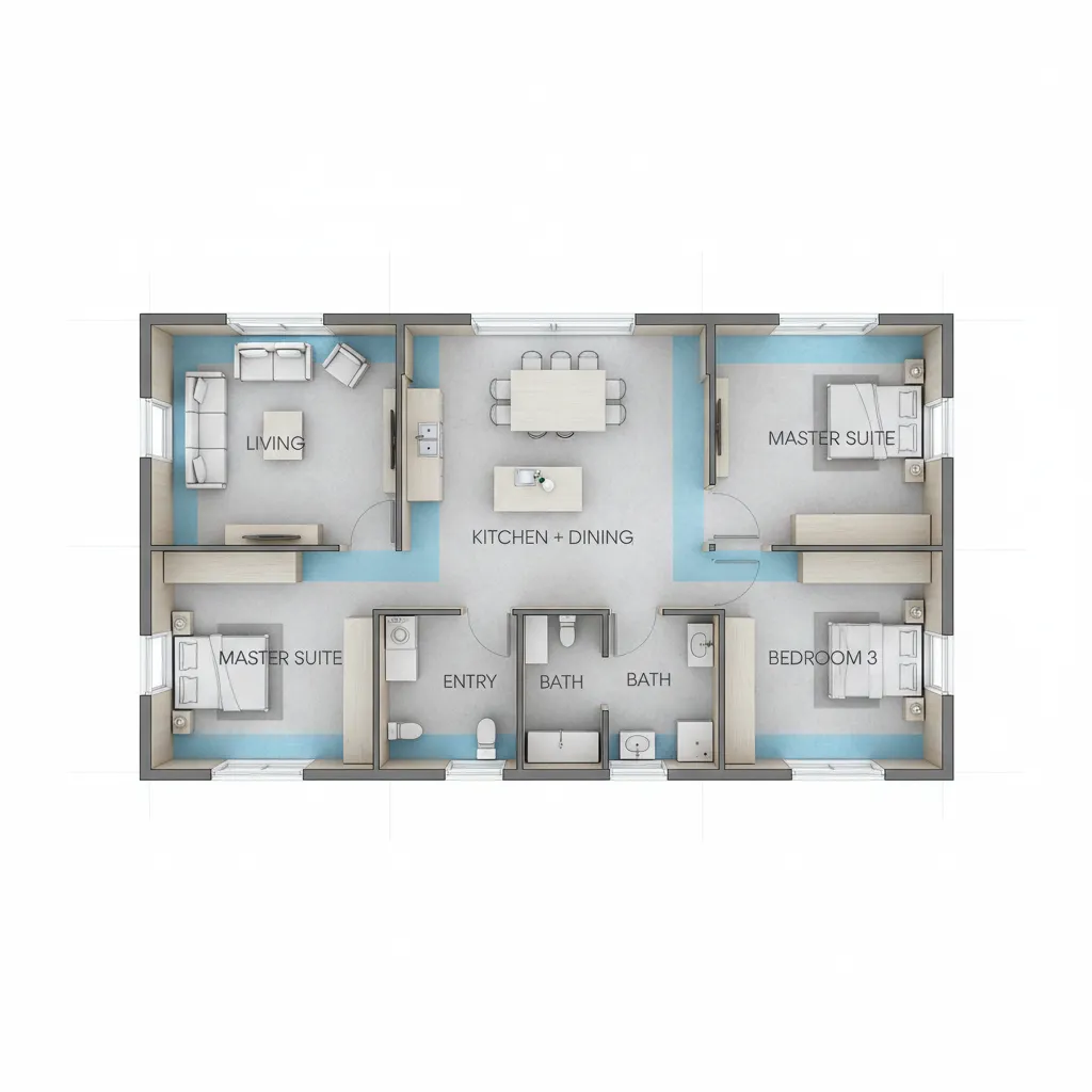 modular home floor plan showing circulation and room connections
