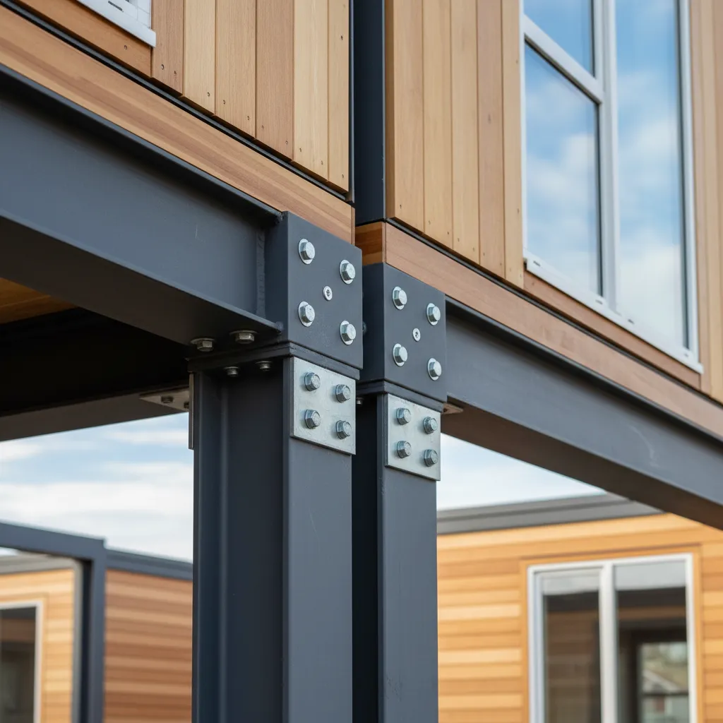 Detalle de conexión estructural entre módulos de una casa prefabricada