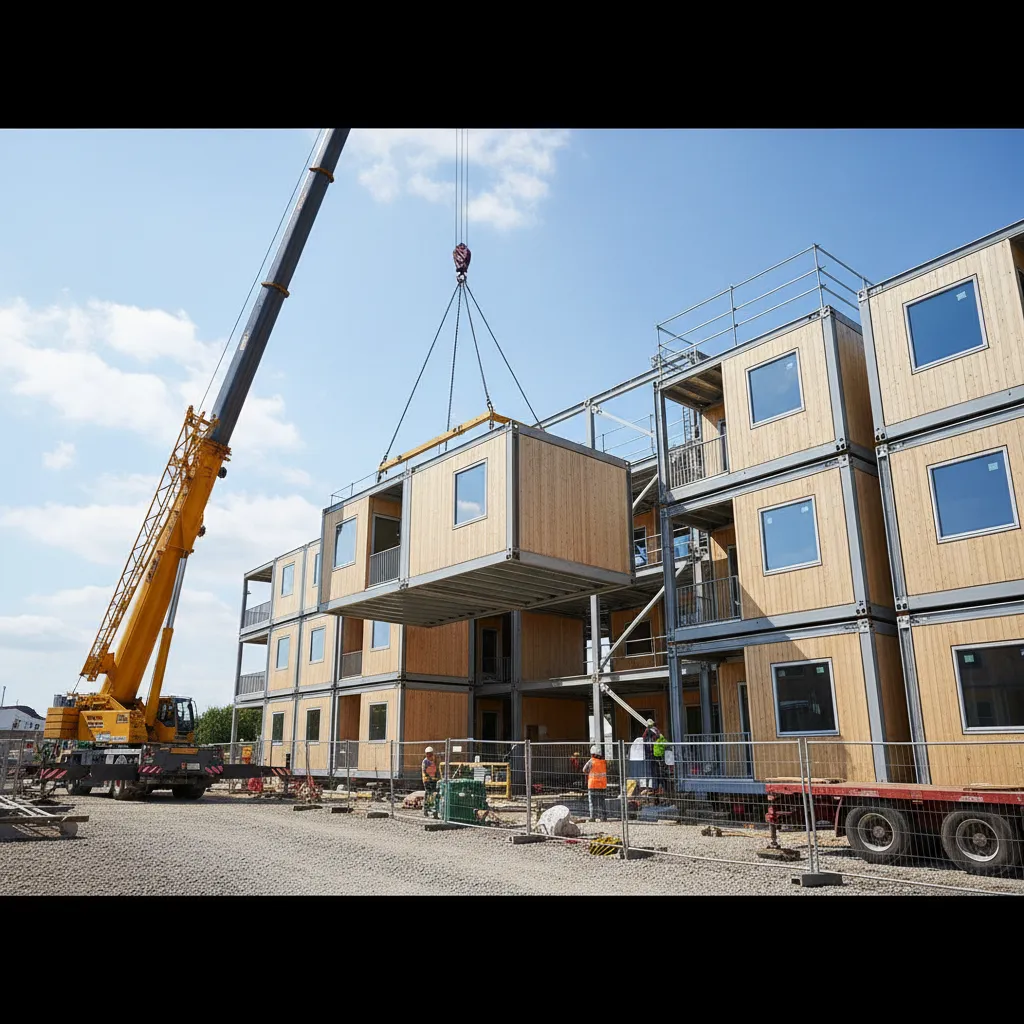 Prefabricated modular housing units being assembled on construction site
