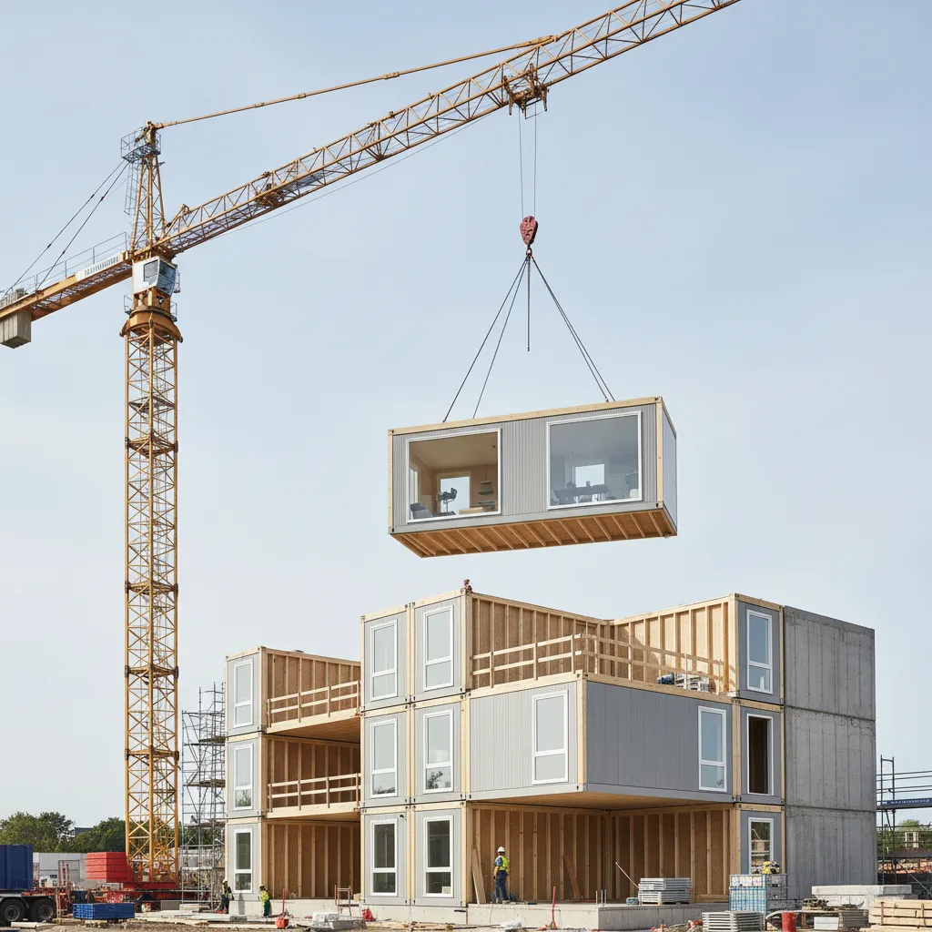 Heavy crane lifting modular house section during installation