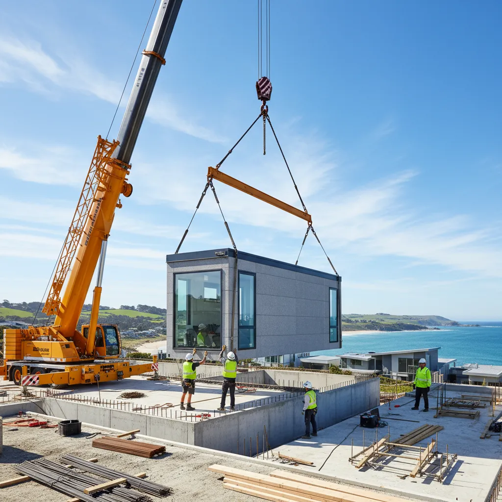 Yellow crane lifting gray modular home unit onto concrete foundation at a sunny coastal site