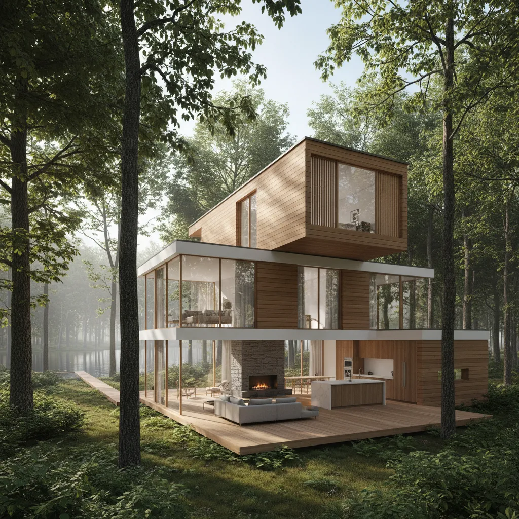 Concepto arquitectónico de vivienda modular moderna en entorno natural