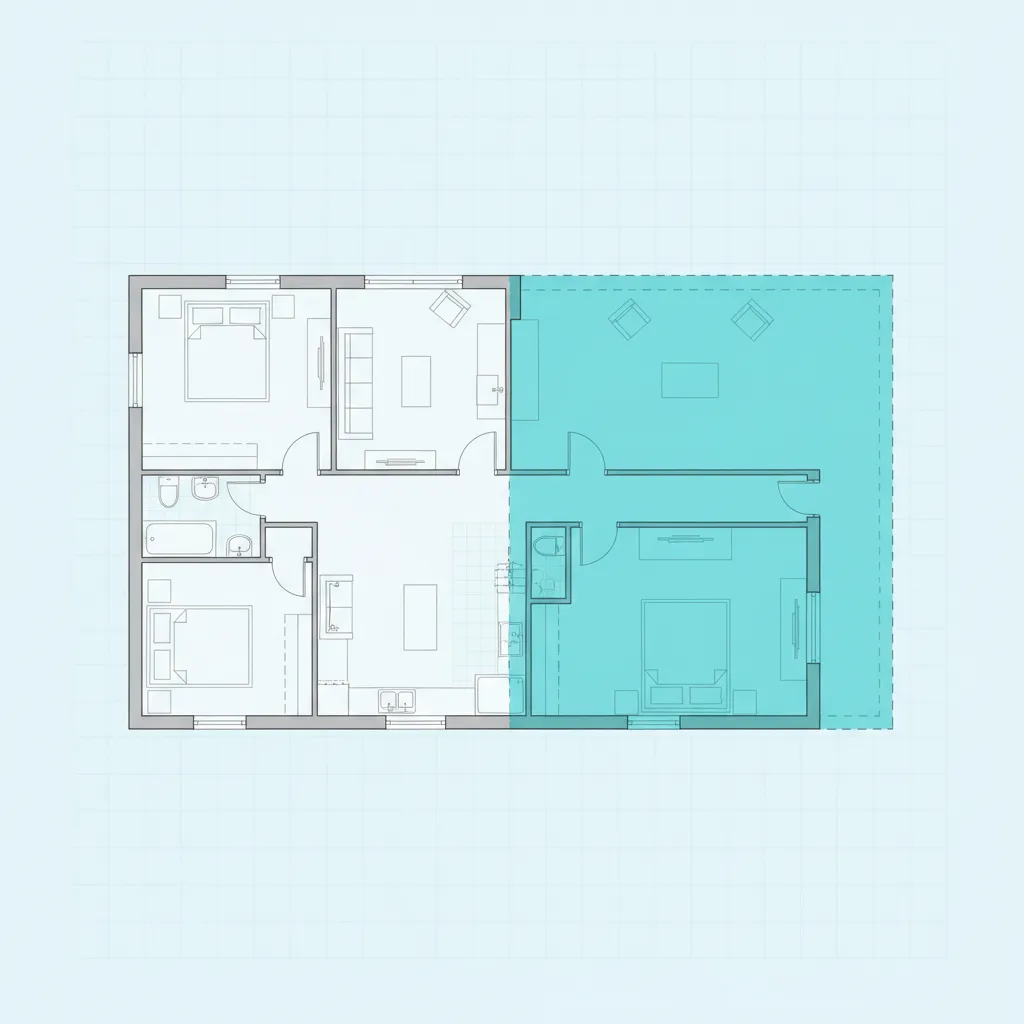 modular home floor plan showing possible future expansion area